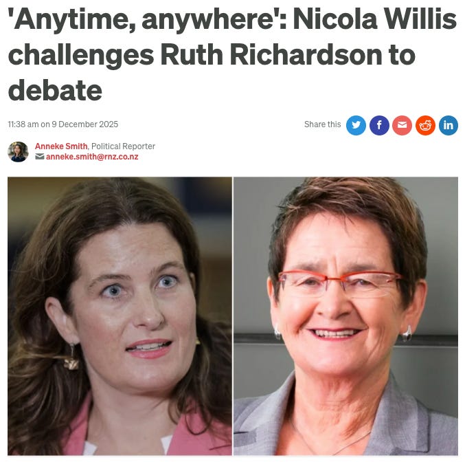 Headline: "'Anytime, anywhere': Nicola Willis challenges Ruth Richardson to debate." Headline: "'Anytime, anywhere': Nicola Willis challenges Ruth Richardson to debate."