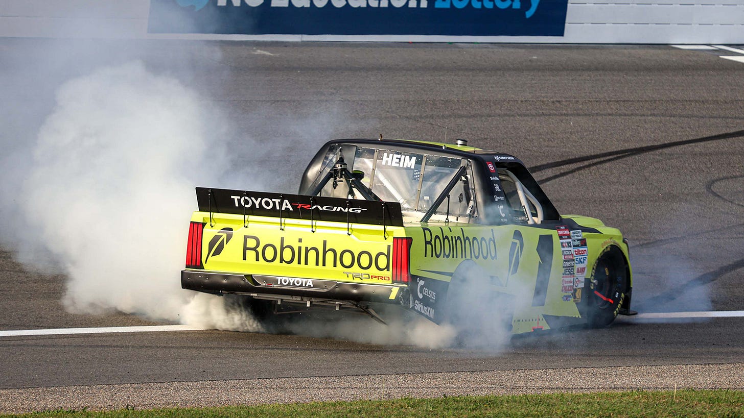 Corey Heim celebrates a win in the NASCAR Craftsman Truck Series Black's Tire 200 at Rockingham Speedway. Corey Heim celebrates a win in the NASCAR Craftsman Truck Series Black's Tire 200 at Rockingham Speedway.