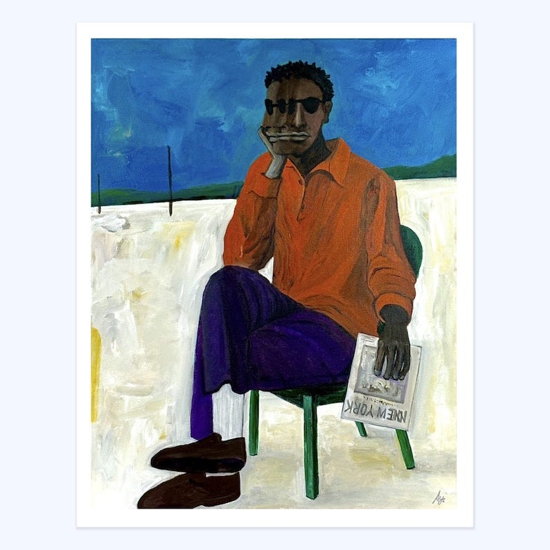 May include: A painting of a person sitting on a green chair with a newspaper in their hand. The person is wearing a red shirt, purple pants, and brown shoes. The background is a blue sky with white clouds.
