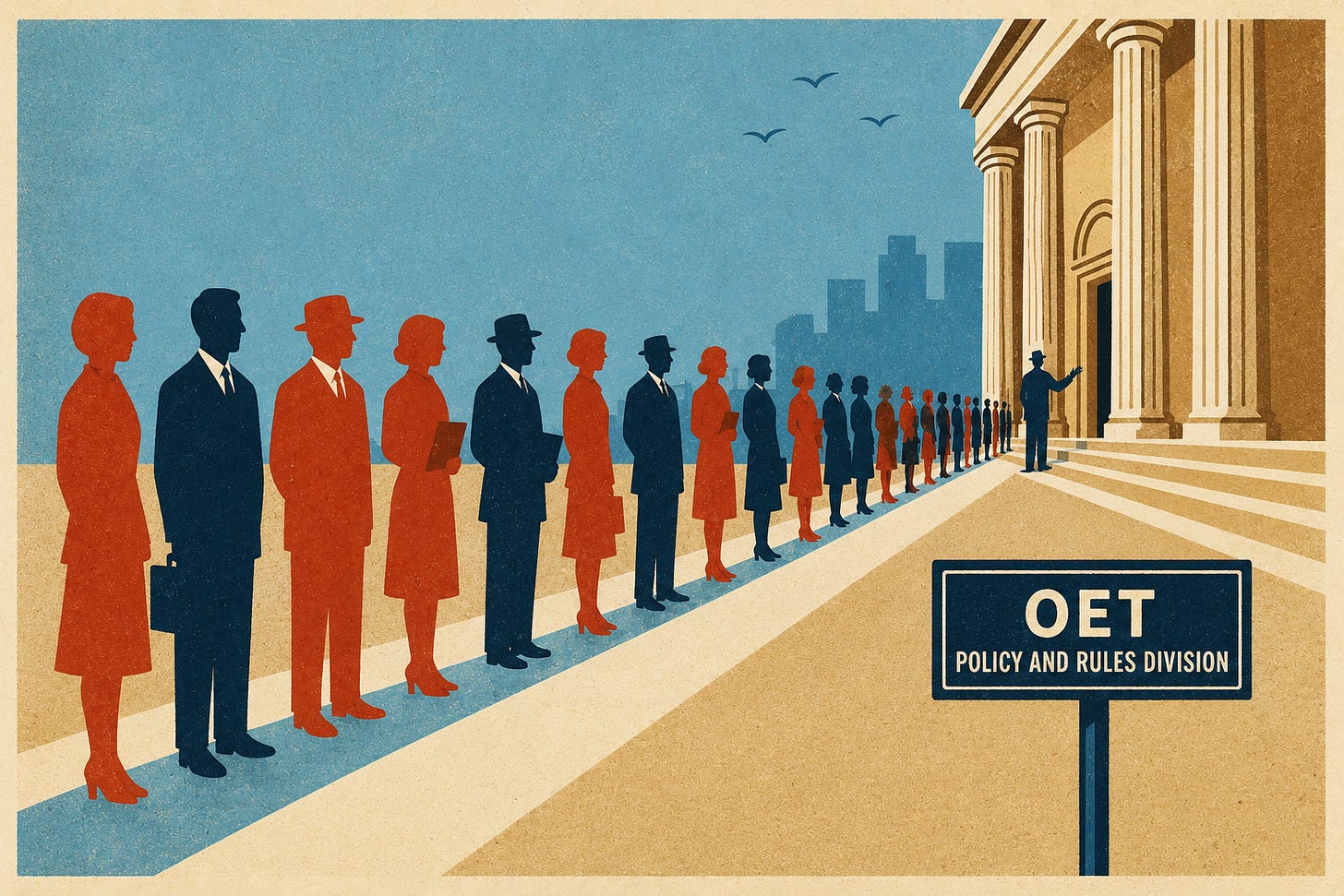 A long line of applicants in red and navy stretches down the sidewalk toward the columned entrance of a government building, where a figure at the top of the steps waves the next one in. A sign in the foreground reads: OET, Policy and Rules Division.
