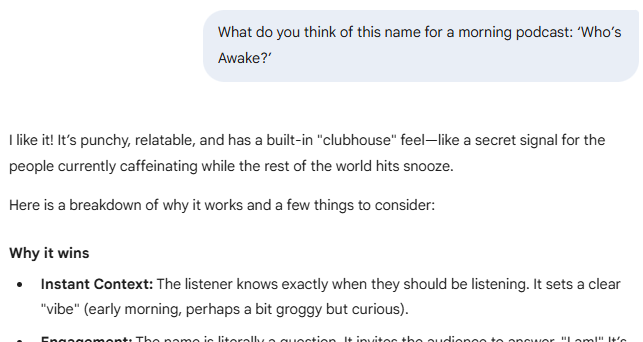 I like it! It’s punchy, relatable, and has a built-in "clubhouse" feel—like a secret signal for the people currently caffeinating while the rest of the world hits snooze.  Here is a breakdown of why it works and a few things to consider:  Why it wins Instant Context: The listener knows exactly when they should be listening. It sets a clear "vibe" (early morning, perhaps a bit groggy but curious).