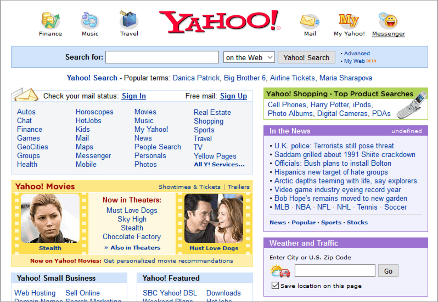 Yahoo homepage from mid-2000s showing cluttered interface with 30+ category links and services