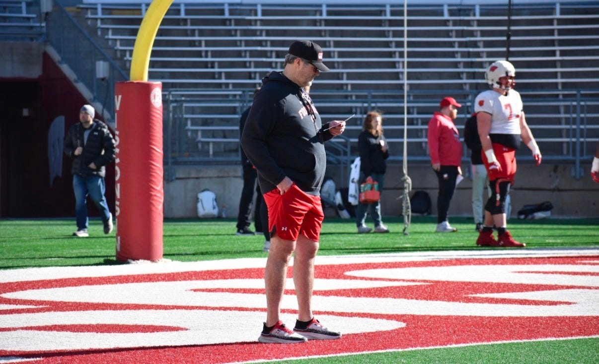 Wisconsin Badgers offensive coordinator Jeff Grimes stands on the field during spring practice. Wisconsin Badgers offensive coordinator Jeff Grimes stands on the field during spring practice.