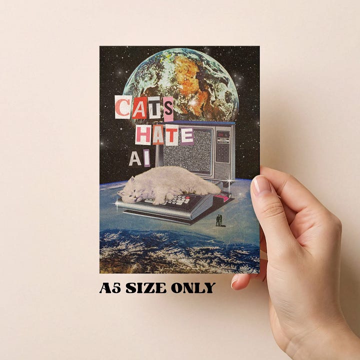 First photo: a sticker with a transparent background that features an illustration of strawberries.  Second photo: a collage print that says, "cats hate ai" with a cat laying on a computer in space.
