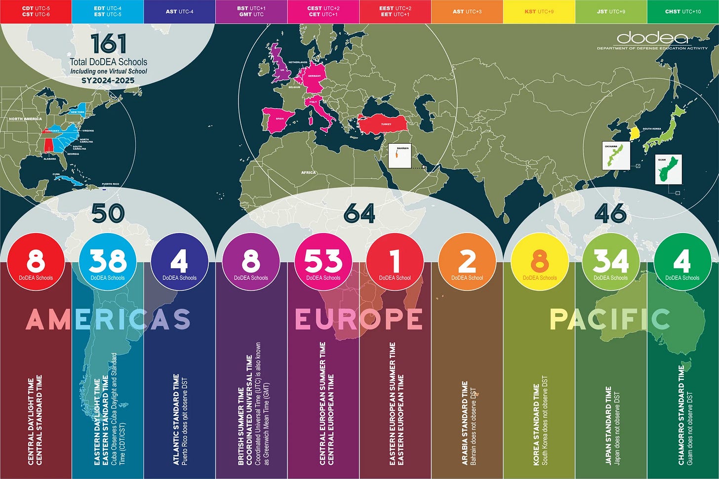 DoDEA Time Zone Map School Year 2024-2025