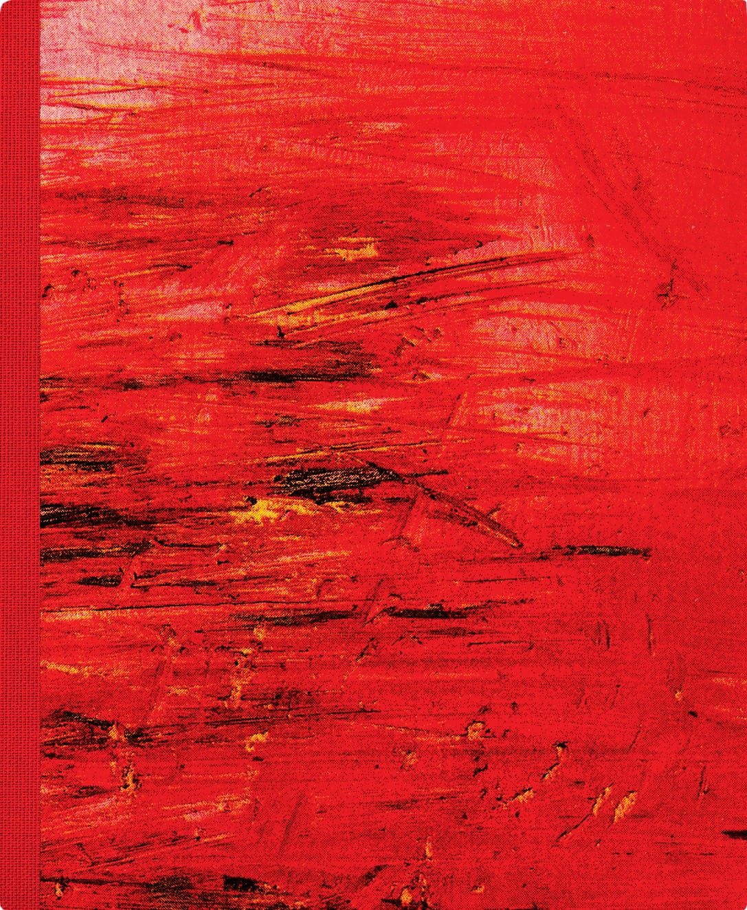 A rendered image of a red book with black and yellow scratches on the cover. Red cloth band holds the spine. A rendered image of a red book with black and yellow scratches on the cover. Red cloth band holds the spine.