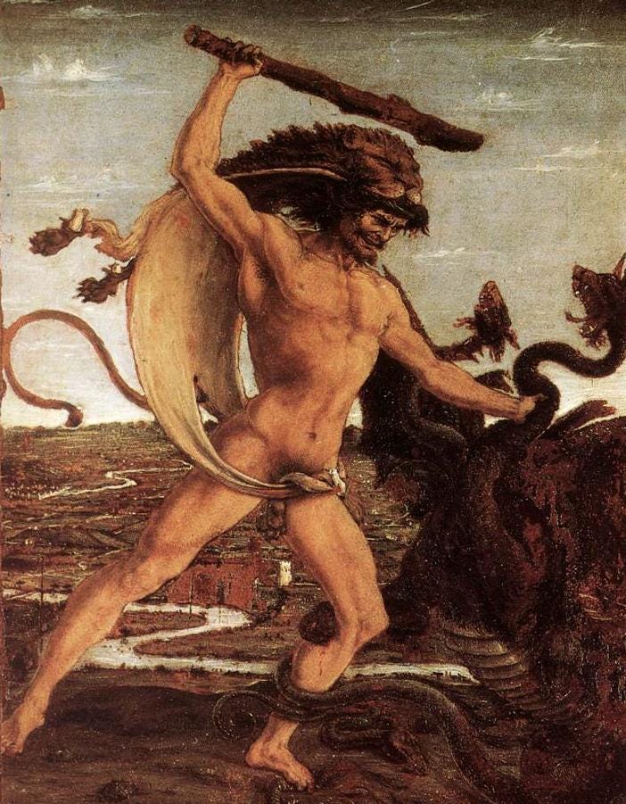 Hercules swinging a club at a many headed serpent in a swamp