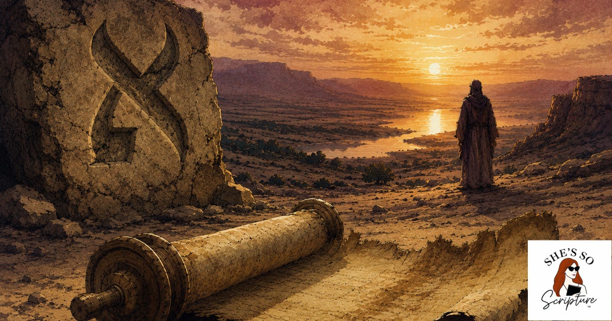 Illustration of a weathered stone scroll and ox-head symbol in a desert landscape at dusk, representing the Torah portion Devarim and the Hebrew letter Aleph Illustration of a weathered stone scroll and ox-head symbol in a desert landscape at dusk, representing the Torah portion Devarim and the Hebrew letter Aleph