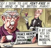 Caricature cartoon depicts an angry bald man with exaggerated features resembling Prince Andrew, wearing a purple robe, sitting at a table holding a teacup and newspaper labeled Prince Andrews Royal Lodge bargain, glaring at a tuxedoed butler serving a tray with an egg cup, in a luxurious mansion setting with a sign reading A bit like Prince Andrews Royal Lodge Mansion sir. Caricature cartoon depicts an angry bald man with exaggerated features resembling Prince Andrew, wearing a purple robe, sitting at a table holding a teacup and newspaper labeled Prince Andrews Royal Lodge bargain, glaring at a tuxedoed butler serving a tray with an egg cup, in a luxurious mansion setting with a sign reading A bit like Prince Andrews Royal Lodge Mansion sir.