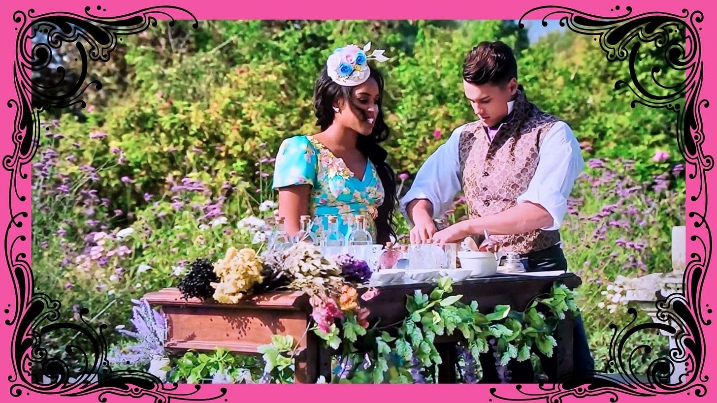 Mr. Nazaire and Ms. Rémy stand at a table filled with flowers, using them to infuse gin with their flavors. Mr. Nazaire and Ms. Rémy stand at a table filled with flowers, using them to infuse gin with their flavors.