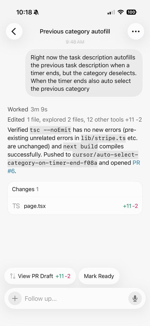 The Cursor mobile app showing an agent making a change