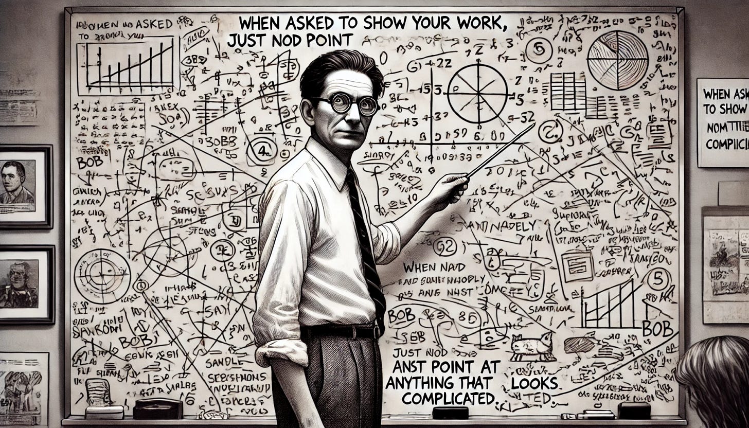 A person named Bob stands confidently in front of a whiteboard filled with random and nonsensical equations, pointing at the most convoluted part.