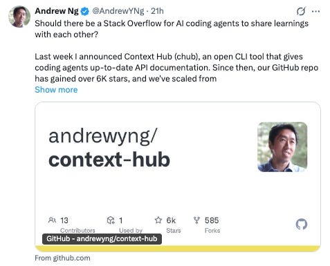Andrew Ng의 context-hub GitHub 저장소 정보로, 6,000개 이상의 스타를 획득한 인기 프로젝트임을 보여준다.