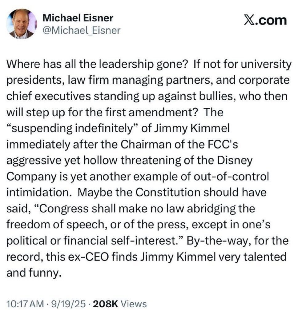 May be a Twitter screenshot of 1 person and text that says 'Michael Eisner X.com Where has all the leadership gone? If not for university presidents, law firm managing partners and corporate chief executives standing up against bullies, who then will step up for the first amendment? The 