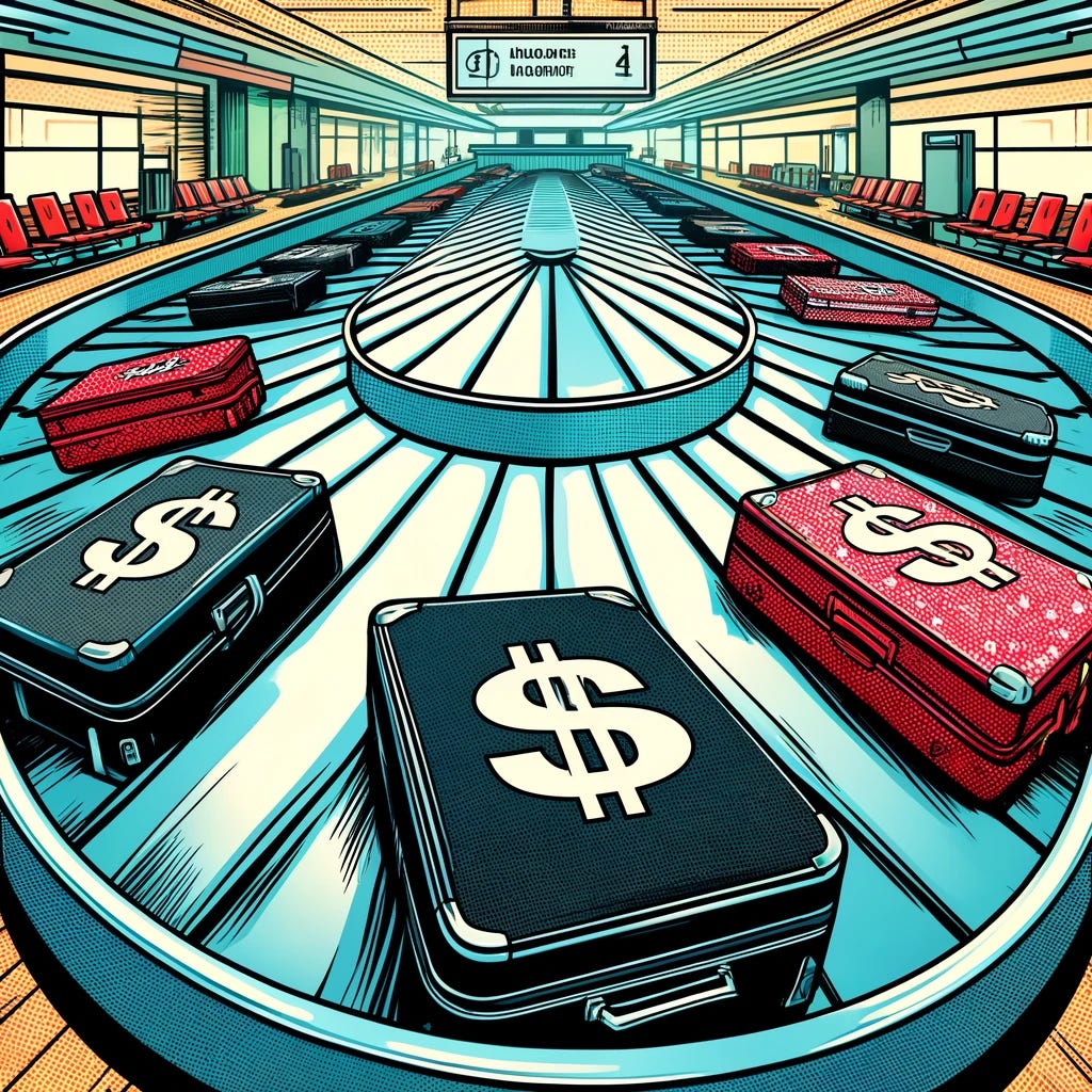 A comic book-style illustration of an airport baggage claim conveyor belt filled with suitcases. Each suitcase is prominently stamped with large dollar signs, symbolizing high value or expensive luggage. The scene is vibrant and dynamic, with bold colors, heavy inking, and action lines to give it a dramatic effect. The background features a busy airport setting with passengers waiting for their bags.