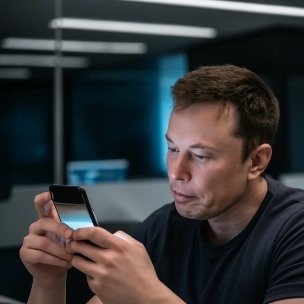 Elon Musk tweeting on his mobile phone
