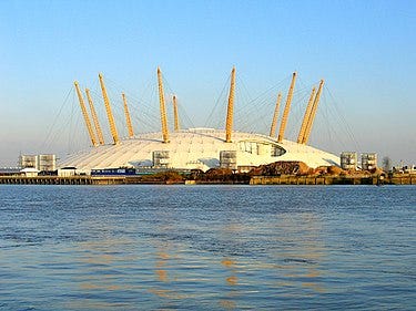 Image of the Millennium Dome, London, with the River Thames in the foreground.