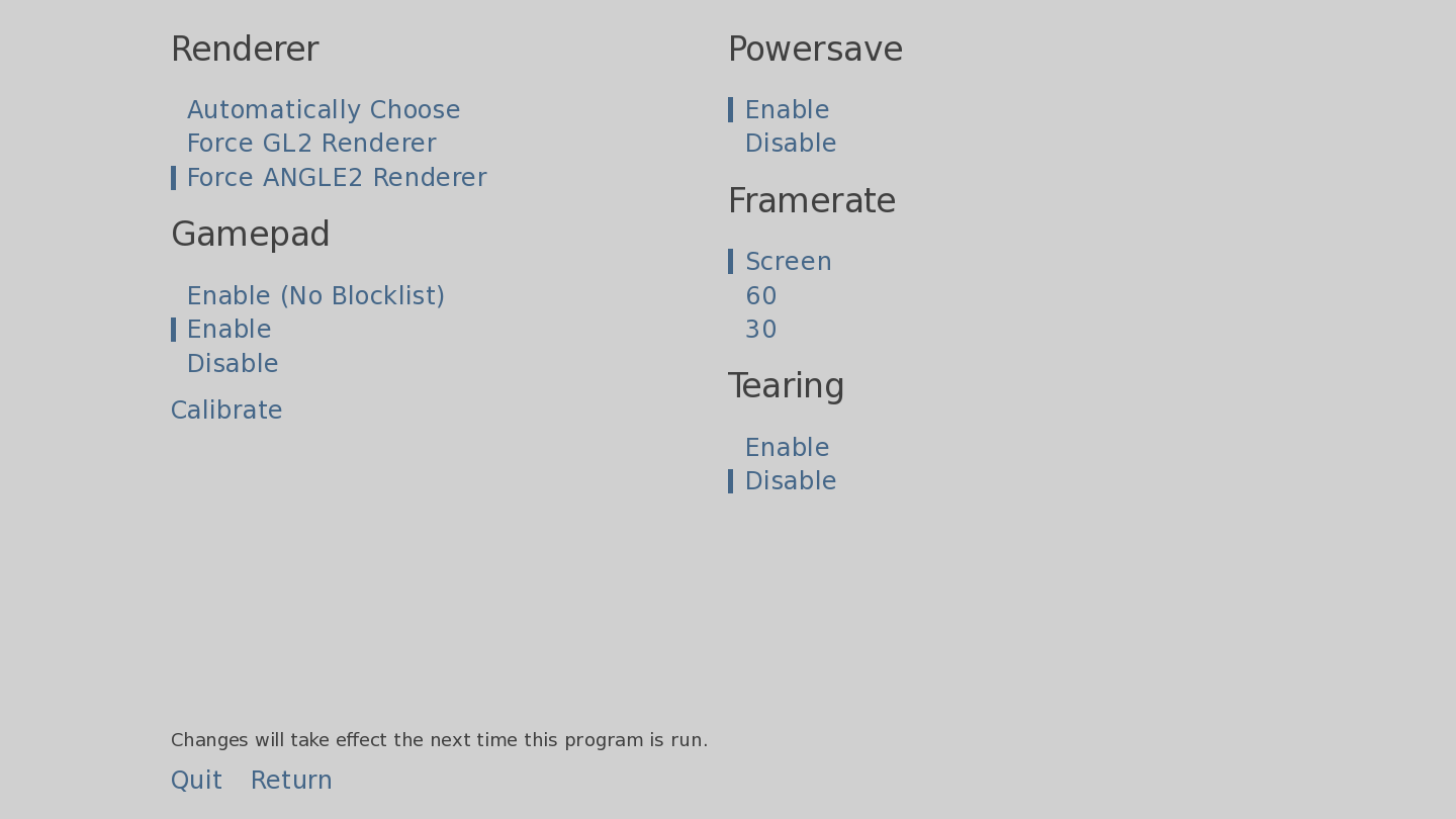 Renpy render settings menu with Force ANGLE2 Renderer selected