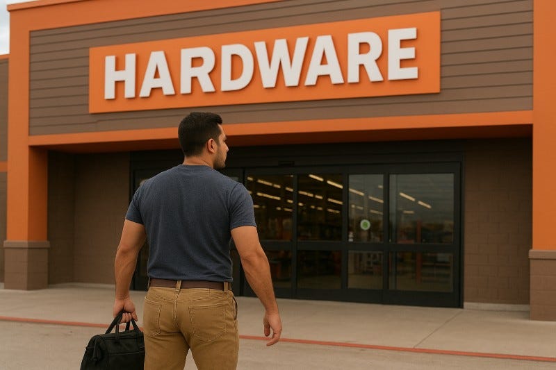 Hispanic man walking into hardware store