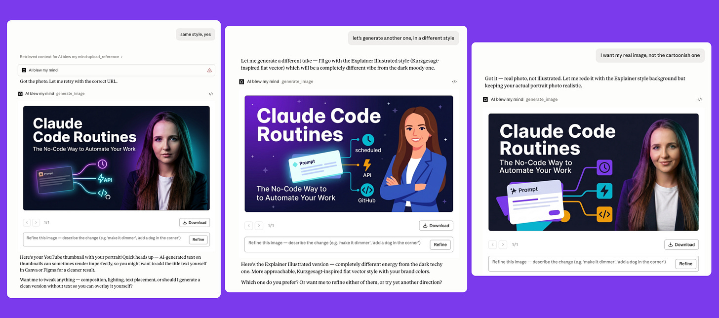 Screenshot showing three iterations of a generated YouTube thumbnail for Claude Code Routines including a version with a real portrait photo a vector illustrated version and a refined version combining real portrait with updated style highlighting the iteration and customization process