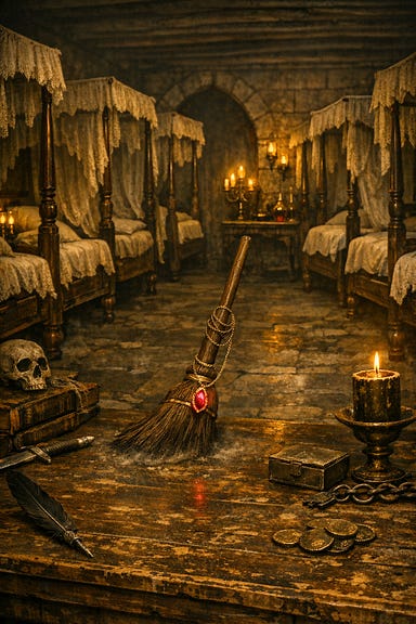 Chamber with eight canopied beds and enchanted broom with ruby pendant Chamber with eight canopied beds and enchanted broom with ruby pendant