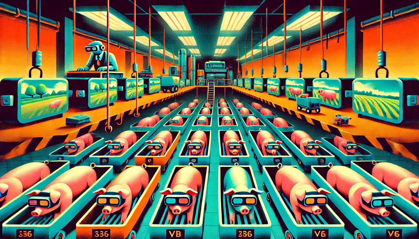 A retrofuturist poster illustration featuring an interior view of a pig factory in the dark, with no lights from the top. The scene shows robot delivery trolleys carrying pigs to be butchered by robot butcher arms in a room. Rows of pigs are living in VR simulations of grasslands, housed in a grid of boxes, and all pigs are wearing VR headsets that glow in the dark. The factory is vibrant and stylized with a playful, engaging design. The overall aesthetic blends retro and futuristic elements, with bold colors and a lively atmosphere. The style matches the previous reference image, creating a whimsical and lively environment.