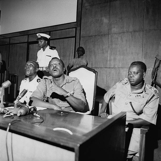 Major General Johnson Aguiyi-Ironsi during a press conference in Nigeria, 24th January 1966. Major General Johnson Aguiyi-Ironsi during a press conference in Nigeria, 24th January 1966.
