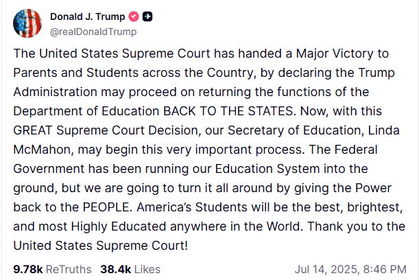 trump truth social education department mass layoffs