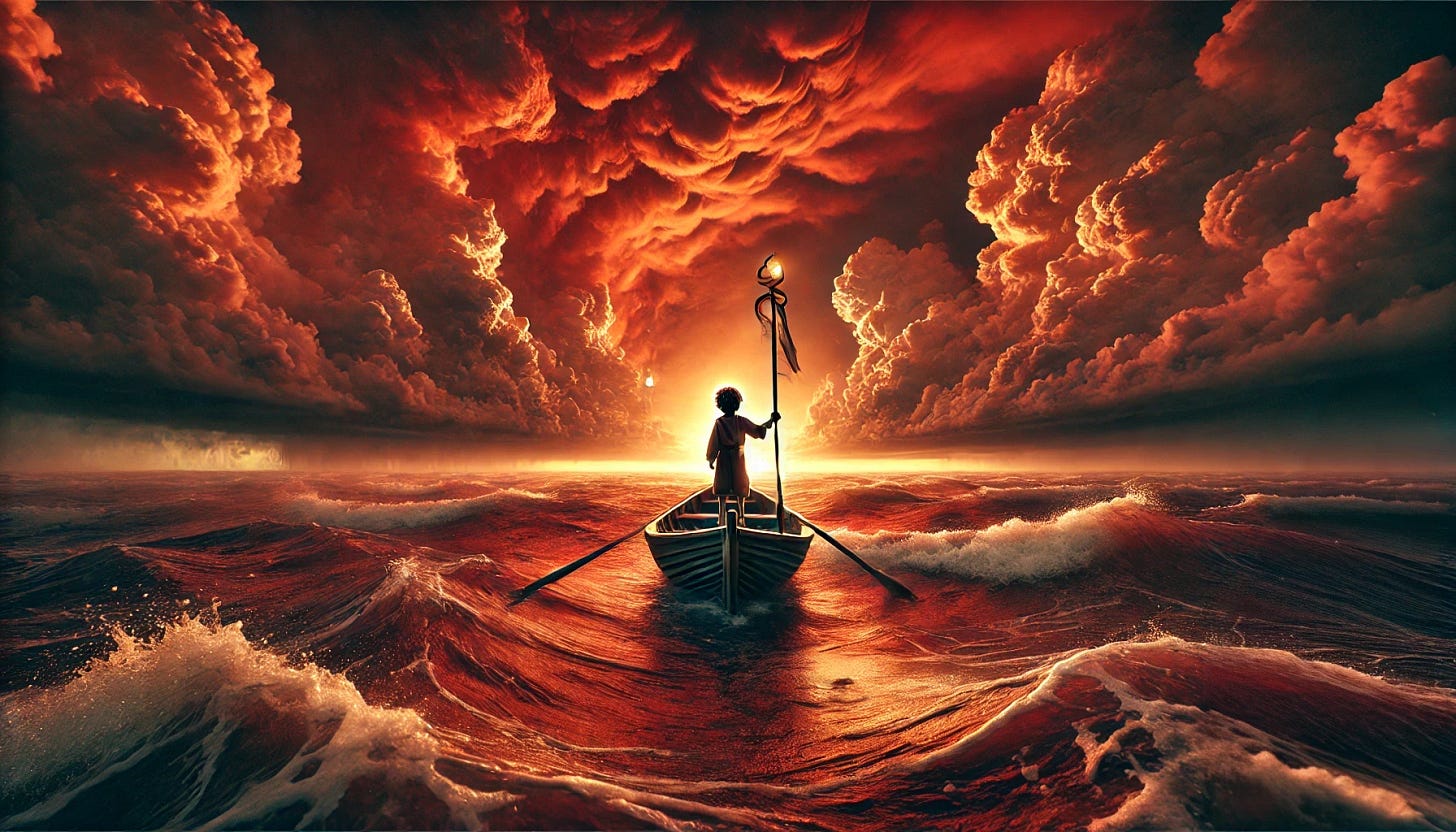 A surreal scene of a small boat on a stormy, reddish-orange sea at sunset. A lone figure, a child with messy hair, stands at the bow holding a tall staff. The sky is filled with dramatic, swirling red clouds, giving the scene an intense, almost apocalyptic feel. The sea is turbulent, with large waves crashing around. The lighting is warm, casting a glow on the water and the clouds. The atmosphere is adventurous, mystical, and slightly ominous. There is no bottle or rope trailing behind the boat.