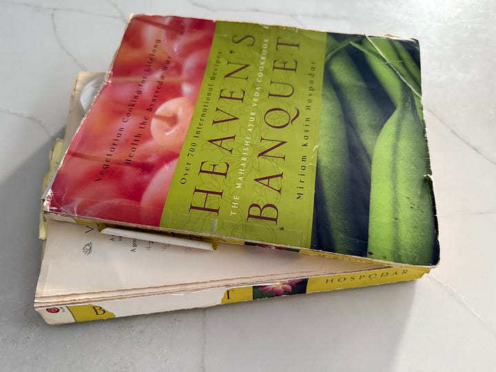 Two photos of a heavily used copy of Heaven’s Banquet by Miriam Kasin Hospodar: left, the scuffed cover with creased corners; right, open pages with handwritten notes, tabs, and a softened, loosened binding.