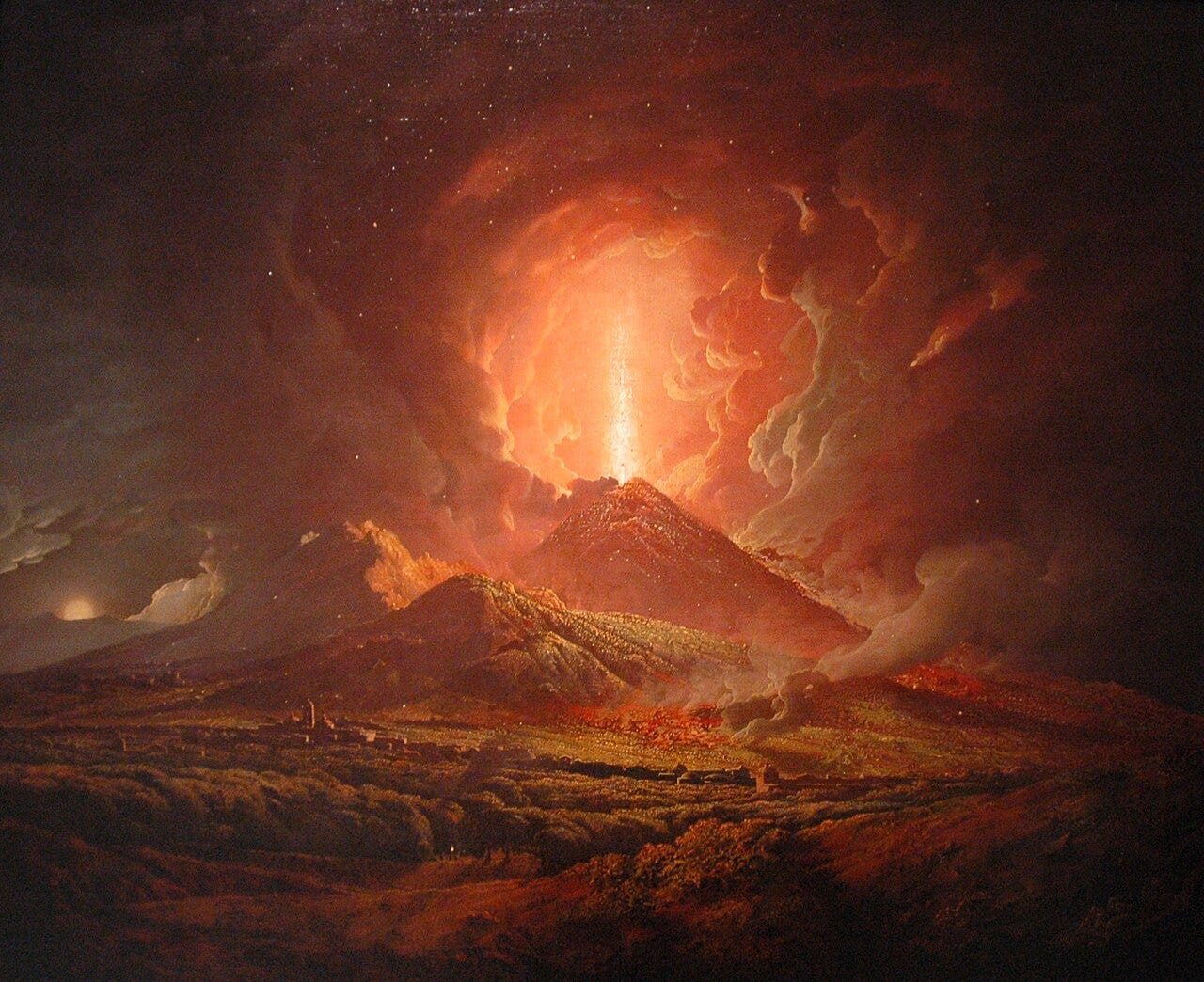 Vesuvius erupting with moonlight