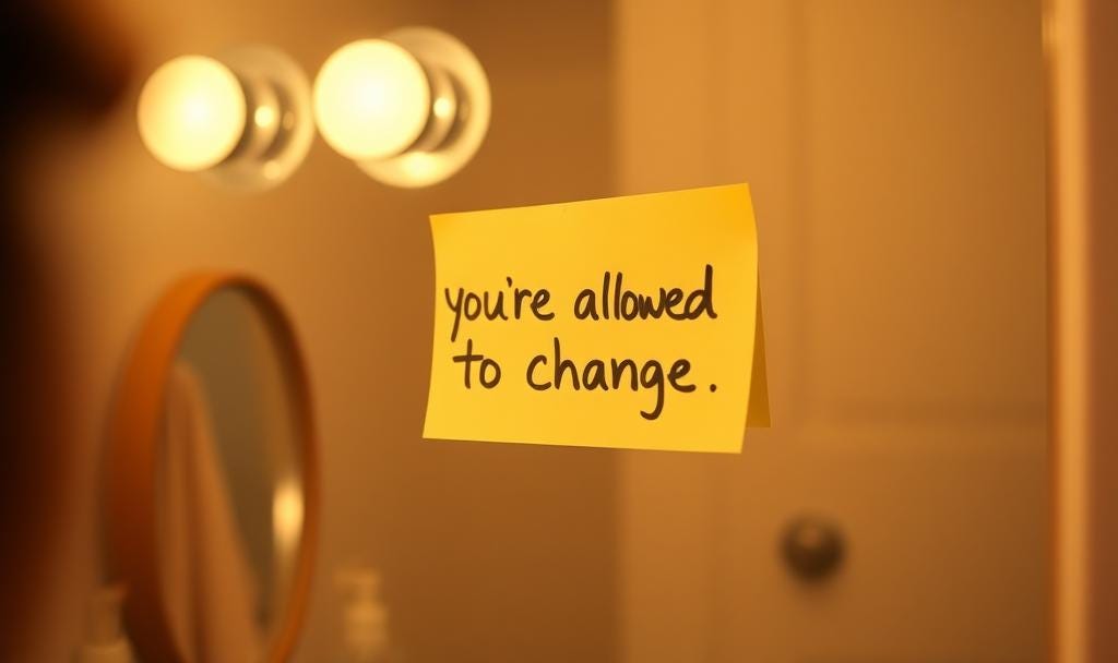 Sticky note on a mirror reads “you’re allowed to change.”