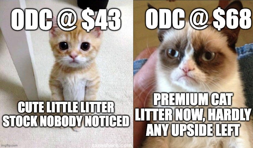 Two-panel meme showing the rise of Oil-Dri Corporation of America (ODC) stock: on the left a cute orange kitten stands upright with text ‘ODC at $43 – Cute little litter stock nobody noticed’; on the right a grumpy cat with text ‘ODC at $67 – Premium cat litter now, hardly any upside left.’ Perfect for an ODC deep dive article about the stock’s +50% rally and reduced upside.