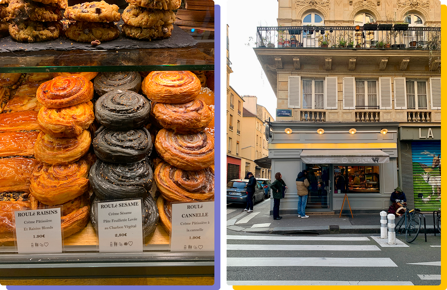 Photos of the pastry case and exterior of Boulangerie Utopie
