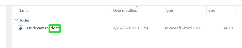 A screenshot of a folder opened in Windows Explorer, showing the folder containing only one file "Test doctument.docx". A neon green box is drawn around the file extention DOCX.