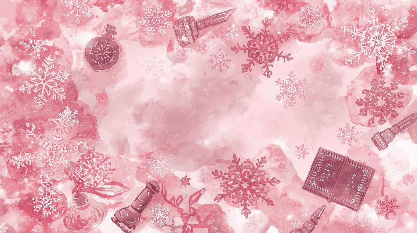 A soft watercolor background in layered shades of pink featuring winter snowflakes, glowing sparkles, and subtle witchy elements such as potion bottles, an ink-dipped quill, a spellbook, and magical tools arranged around the edges. The center is open and lightly textured, creating space for text or images while maintaining a cozy, enchantment-filled winter atmosphere.