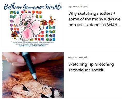 Gallery features three screenshots, each highlighting two blog posts, for a total of six images and six titles. The titles and images highlight a range of topics about sketching, art, and connections to science. All the images and text can be accessed by following the link in the blog post (gallery format does not allow hyperlinking)