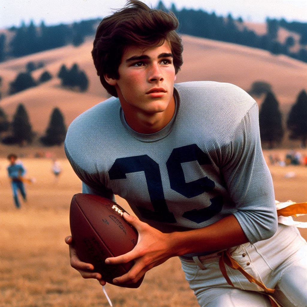 A 15-year-old white boy with dark brown hair playing flag football in Mokelumne Hill, California in 1973