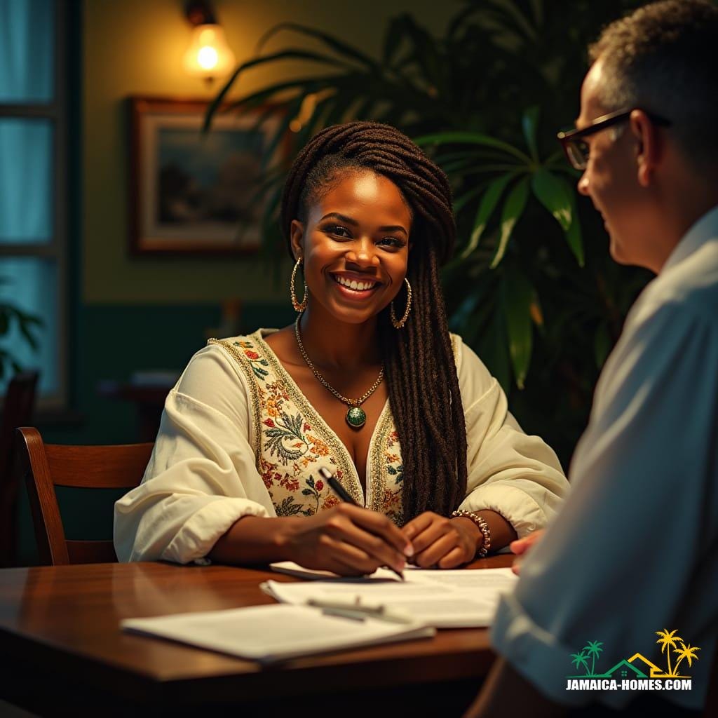 Regal, curvaceous Jamaican Rastafarian woman with a radiant smile and vibrant dreadlocks, dressed in a flowing white ensemble with intricate embroidery, seated across from a bespectacled real estate broker in a cozy, dimly lit Jamaican office. The broker's hands hover over a stack of papers as the woman's fingers close around a pen, poised to sign. 