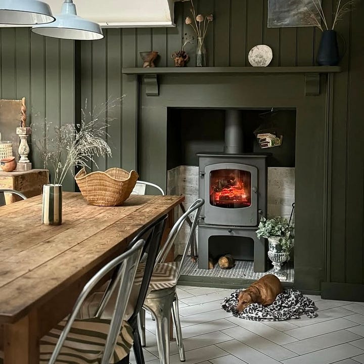 deep, dark green painted kitchen