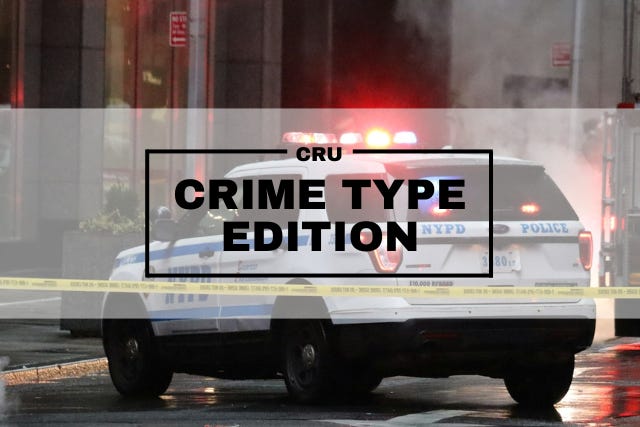 'CRU: Crime Type Edition' appears in the foreground. (CRU stands for Crime Research Update.) In the background, yellow tape is strung across the image, in front of a police cruiser that sits with its roof lights on.