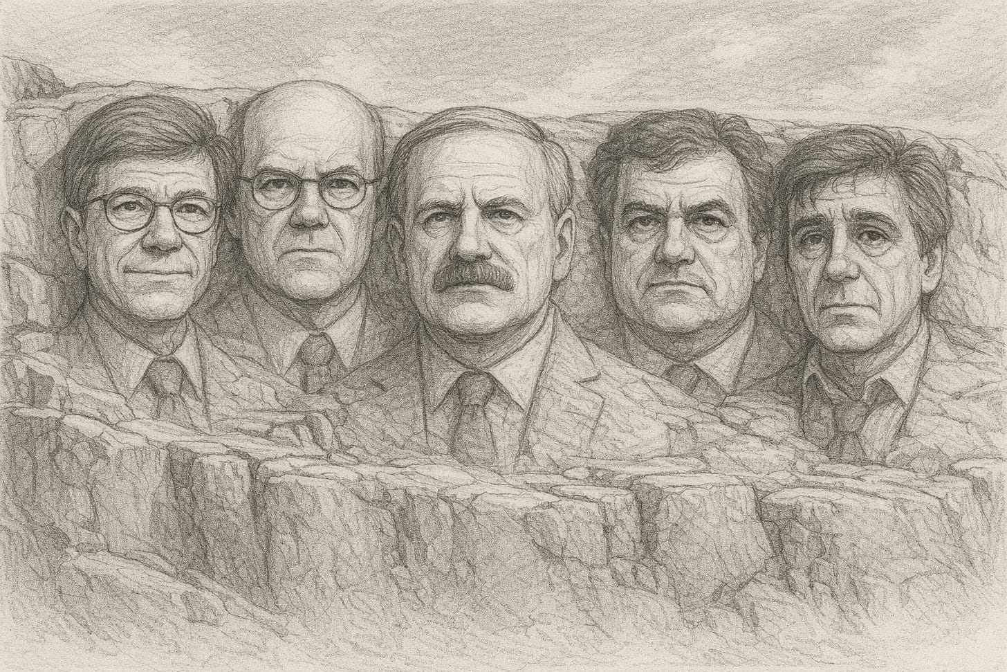 Ilustración a lápiz que representa a cinco figuras intelectuales occidentales —Jeffrey Sachs, John Mearsheimer, Anatol Lieven, Pierre Lellouche y Emmanuel Todd— esculpidas en una pared rocosa al estilo del Monte Rushmore, simbolizando su arraigo en los fundamentos ideológicos y geopolíticos del mundo occidental.