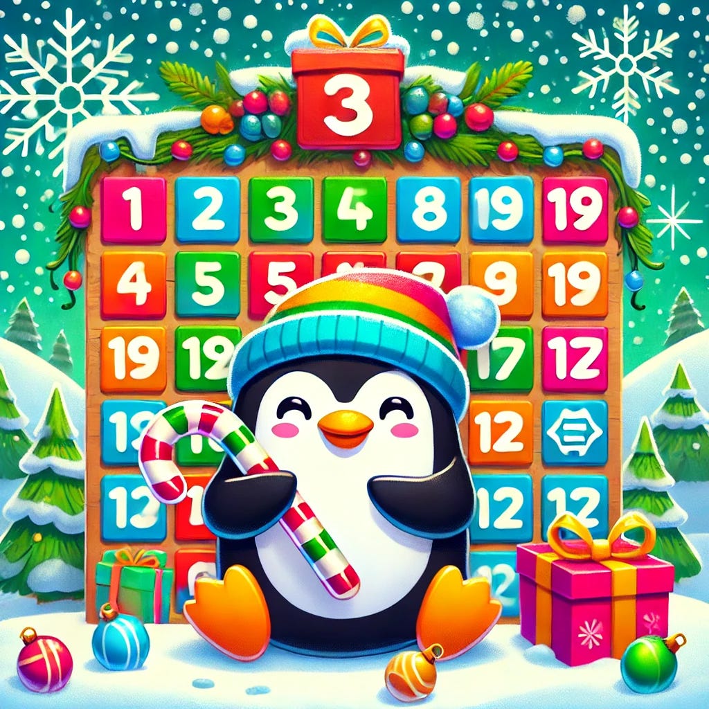A festive and colorful advent calendar with numbers and coding symbols on it, surrounded by a cheerful penguin holding a candy cane, symbolizing fun and learning. The background is winter-themed with snowflakes.