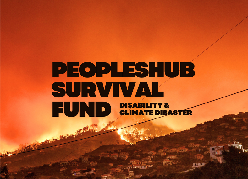 PeoplesHub survival fund, disability and climate disaster, against a wild fire on the hills of a city PeoplesHub survival fund, disability and climate disaster, against a wild fire on the hills of a city