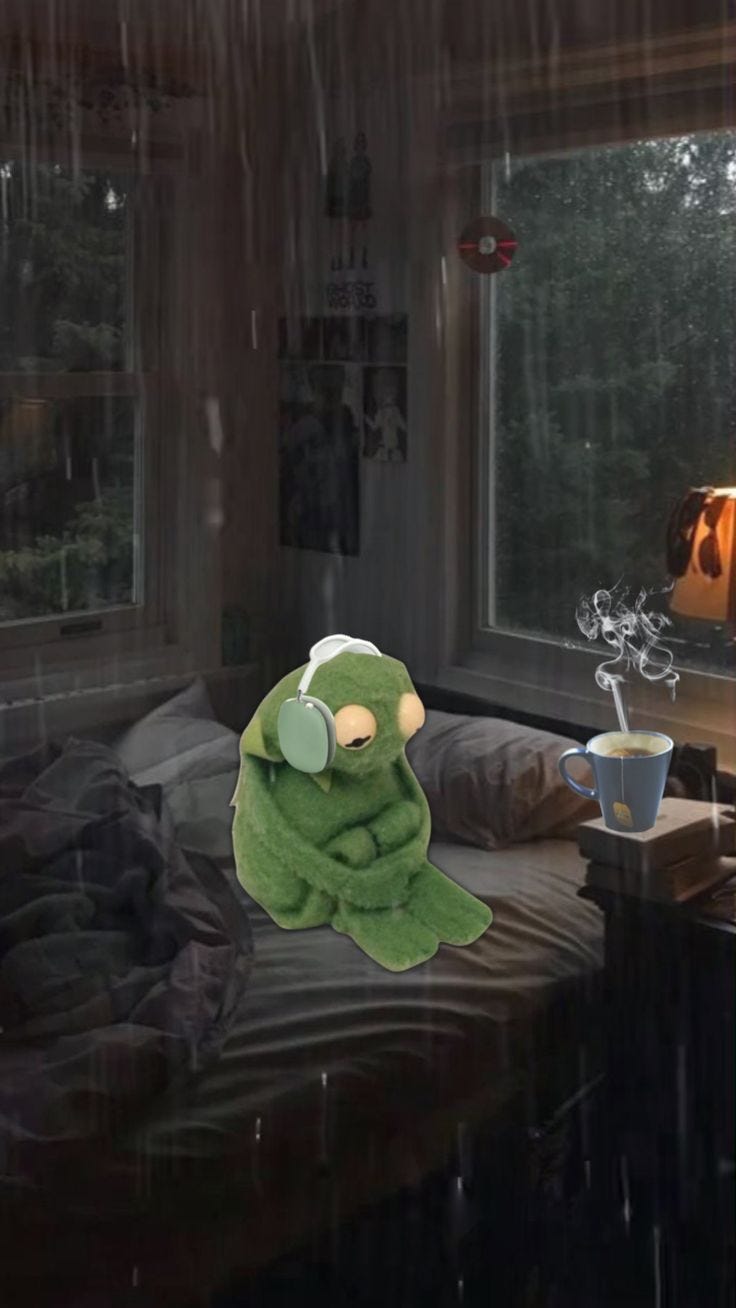 This may contain: a teddy bear sitting on top of a bed next to a window with rain coming in