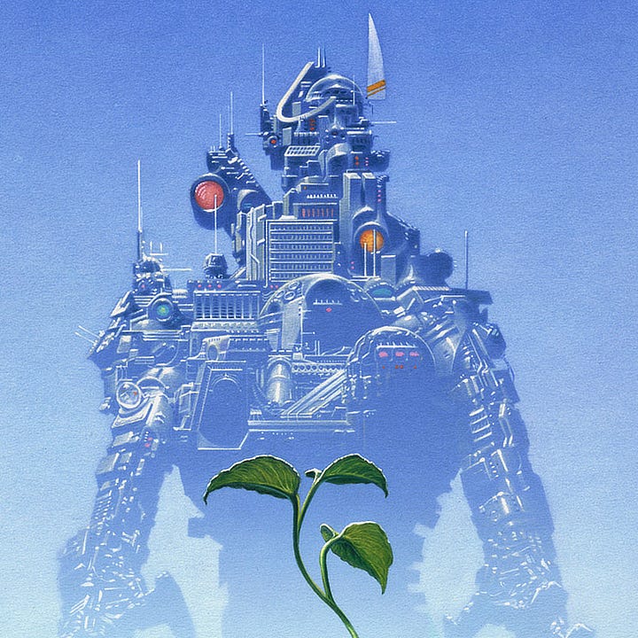 LEFT: Detail from THE ULTIMATE ENEMY featuring a simple plant sprouting defiantly from a short mound of soil. There's a winding curve to its stalk. Pointed curving leaves extend like palms to catch the rays of the sun. It looks healthy and vibrant in the early stages of growth. RIGHT: Close detail from THE ULTIMATE ENEMY featuring the Berserker robot from the torso up. The metal structures on its chest and head are asymmetrical. A pair of domes with varying numbers of lights on its chest point off panel right. Two lenses suggest eyes; one is set low just above its shoulder on the right while a red lens rises on a diagonal strut on the left. Between them a building like structure with uniformed columns and rows sits where a neck might be. Above is compositional nonsense, adding to the asymmetrical mass off-center right that includes a curved metal piece that might be a slide. A single sail with a pair of diagonal orange stripes project off the structure top right, while stiff antennae extend vertical, horizontal, and diagonal off the robot at random.