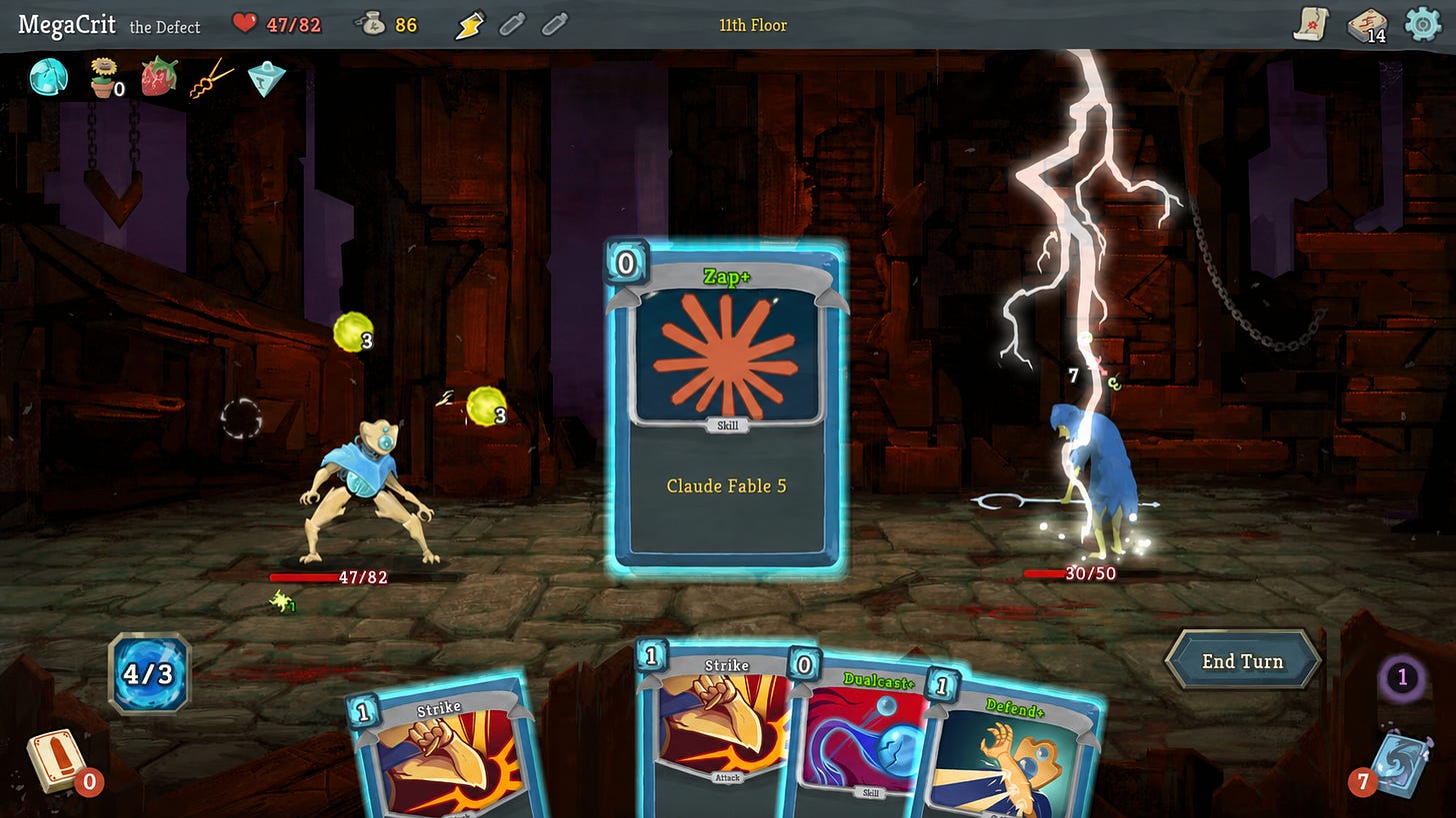 Slay the Spire battle screen featuring a highlighted Zap+ card with the orange Claude symbol and the description “Claude Fable 5.”