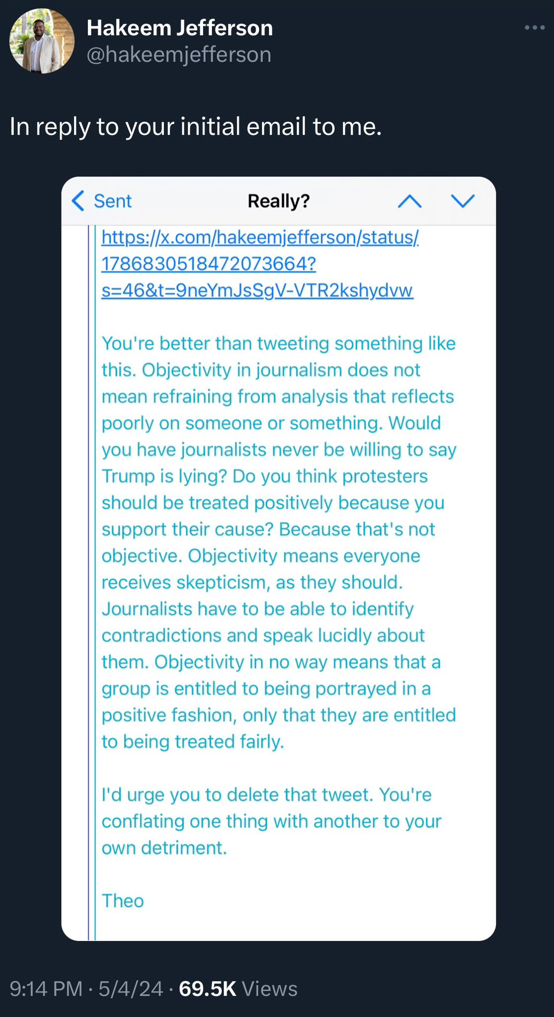 Theo Baker’s original email reprimanding Professor Jefferson