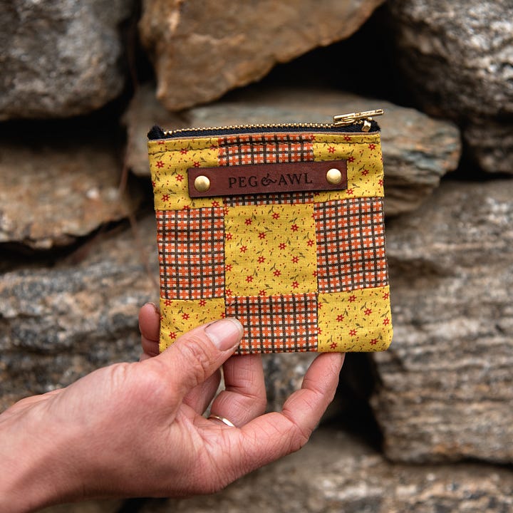 antique quilt block and waxed canvas pouches, Peg and Awl