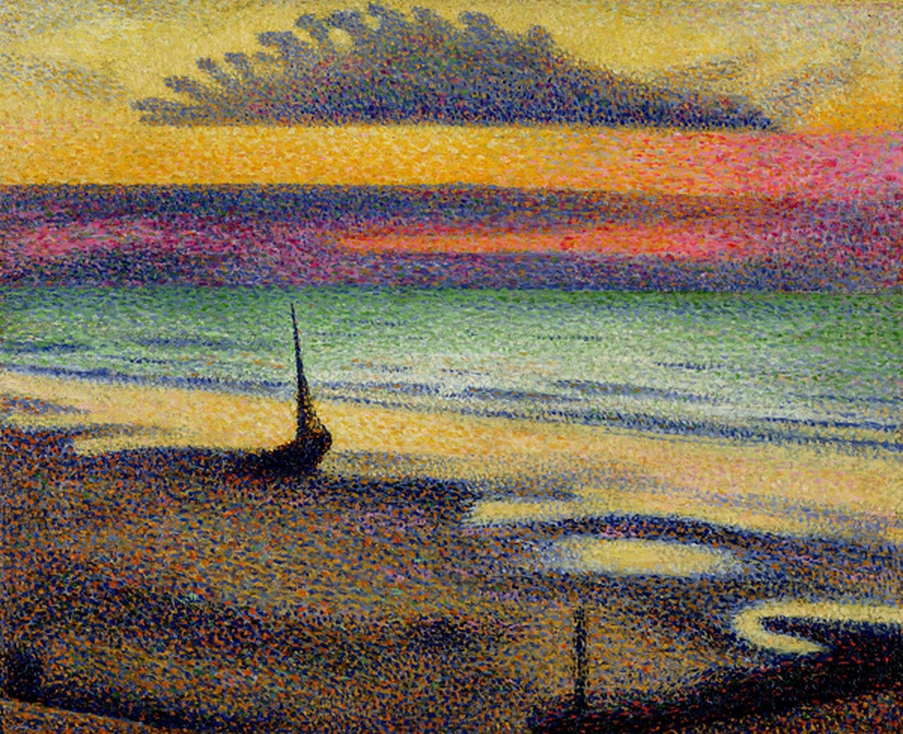 An empty beach in bands of orange sand and violet sea An empty beach in bands of orange sand and violet sea